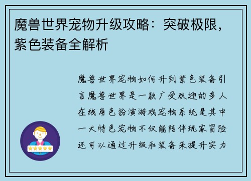 魔兽世界宠物升级攻略：突破极限，紫色装备全解析
